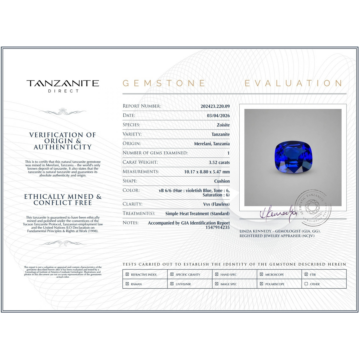 3.52 ct Cushion Tanzanite Gemstone – With GIA Identification Report