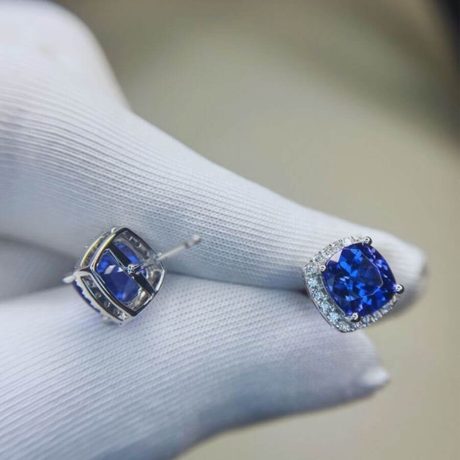 Exceptional 3.25 Ct Cushion Cut & Diamond Halo Tanzanite Earrings