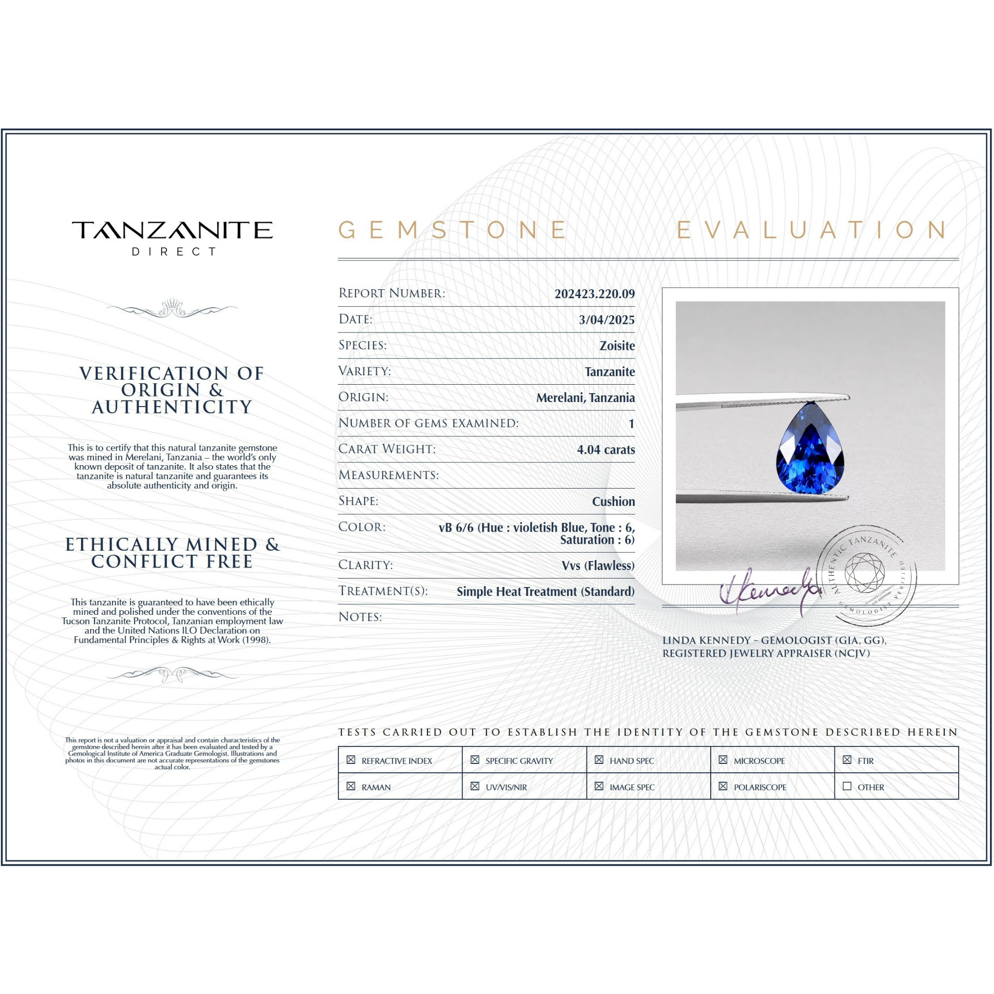 4.04 ct birnenförmiger Tansanit Edelstein – GIA-zertifiziert