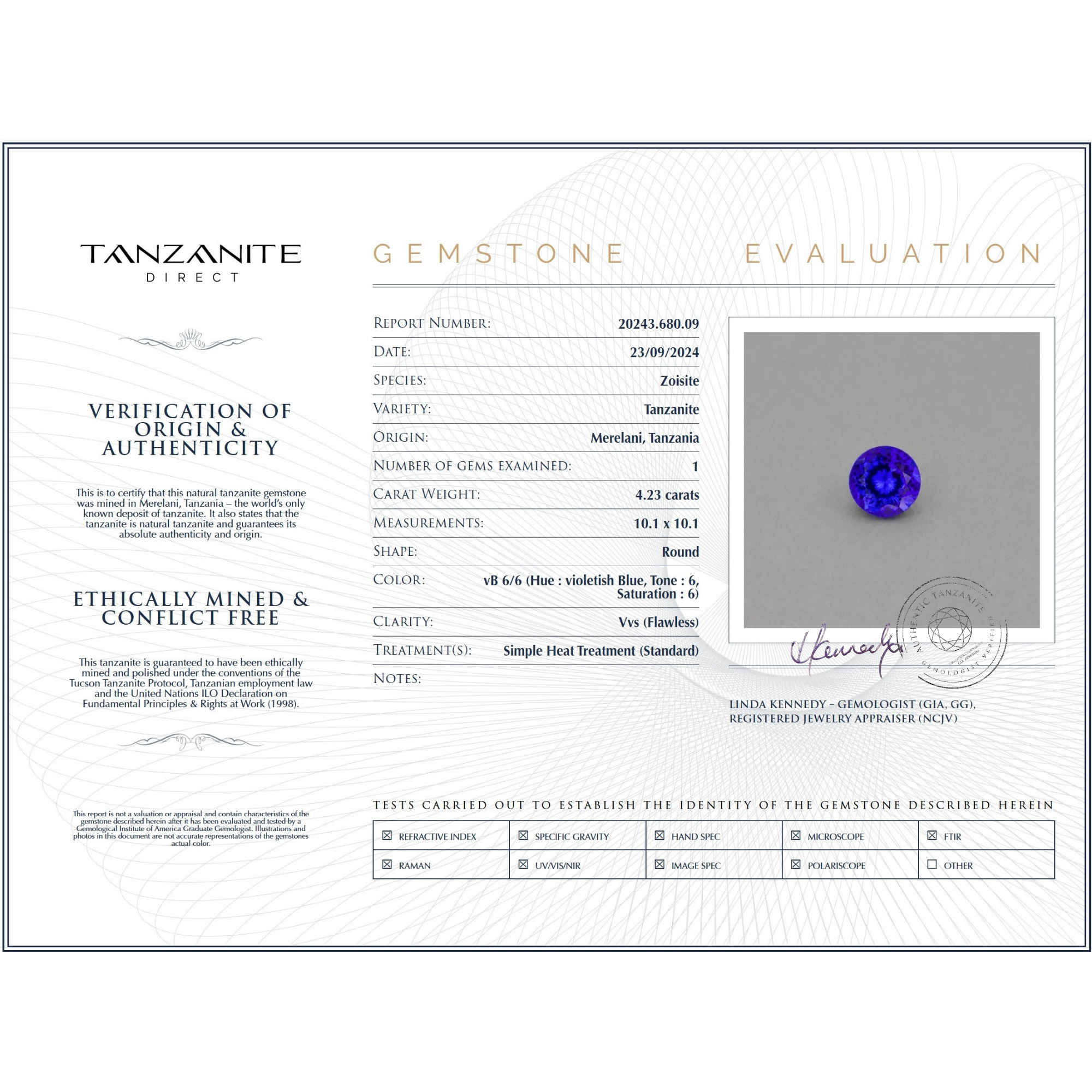 4.23 carati gemma tanzanite taglio rotondo