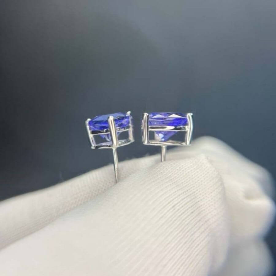 Violet Trillion Cut Tanzanite Stud Earrings in 14k White Gold