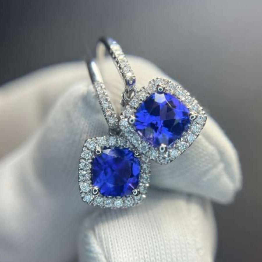 2.00 Ct Cushion Cut Tanzanite & Diamond Halo Drop Earrings