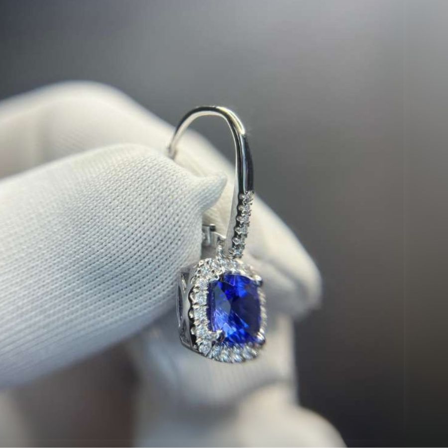 2.00 Ct Cushion Cut Tanzanite & Diamond Halo Drop Earrings