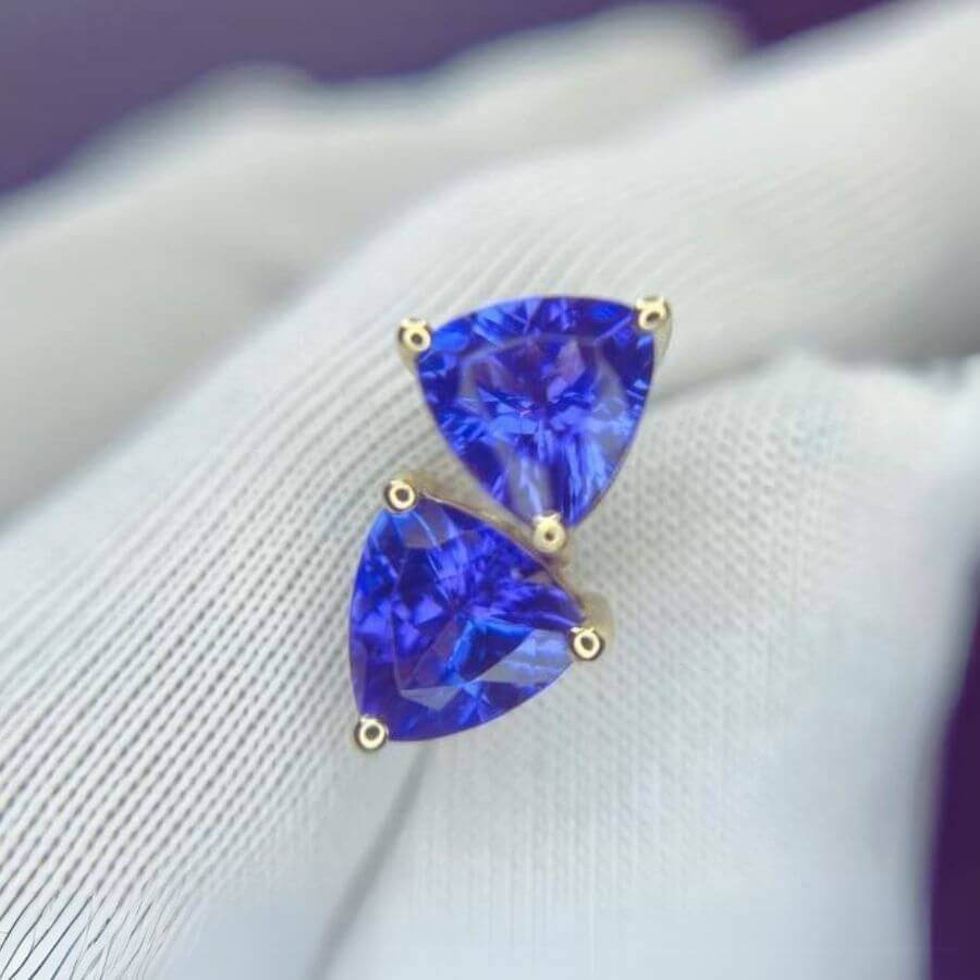 Trillion Cut Tanzanite Stud Earrings in Yellow Gold