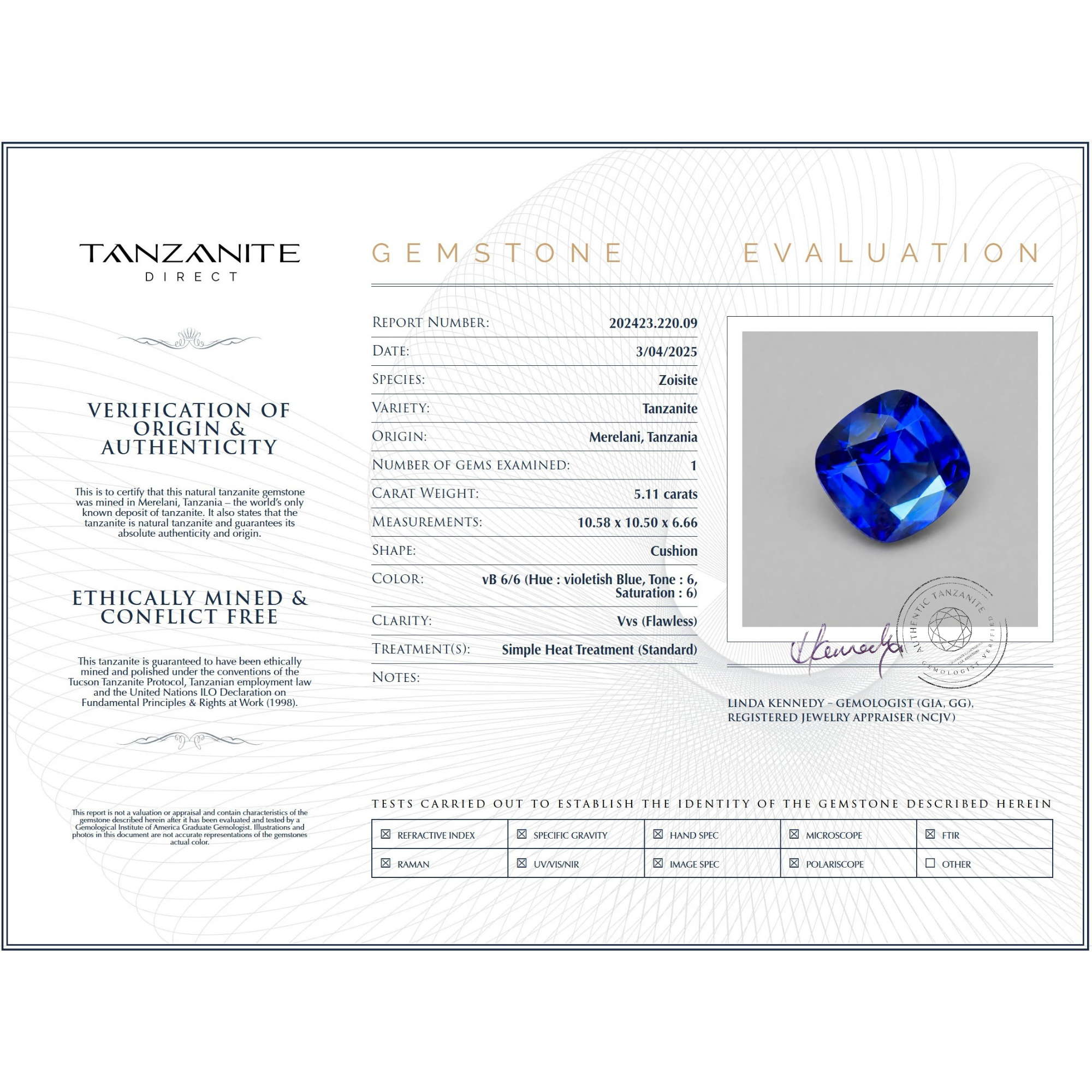5.11 ct Cushion Tanzanite Gemstone – GIA Certified