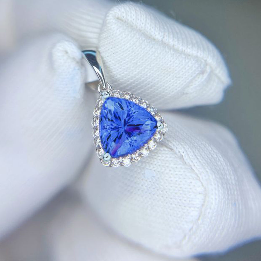 1.00 Ct Trillion Cut Tanzanite Pendant With Diamond Halo