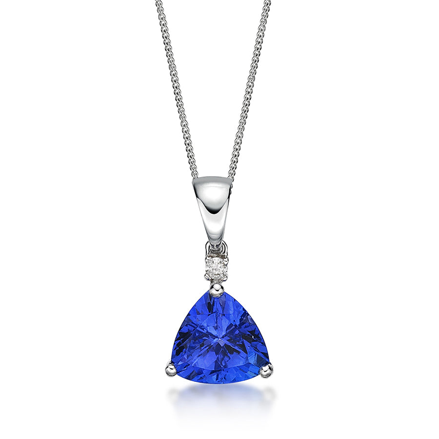 Trillion Cut Tanzanite & Diamond Pendant in White or Yellow Gold