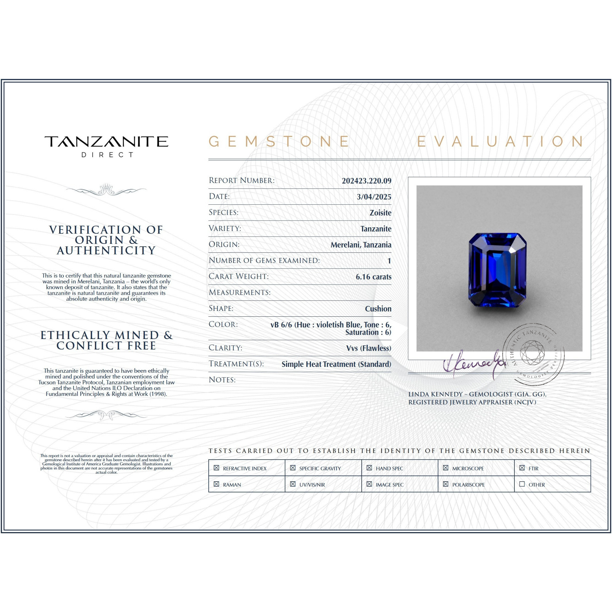 6,16 ct Tansanit-Edelstein im Smaragdschliff – GIA-zertifiziert