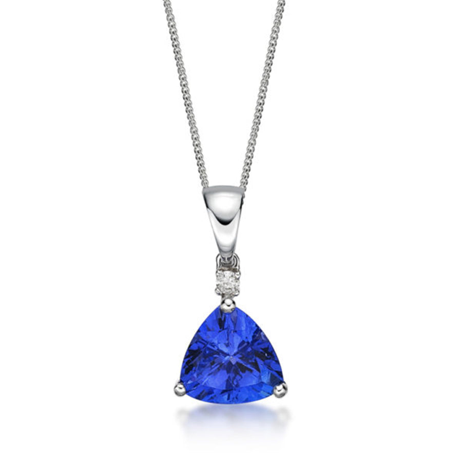 Trillion Cut Tanzanite & Diamond Pendant in White or Yellow Gold
