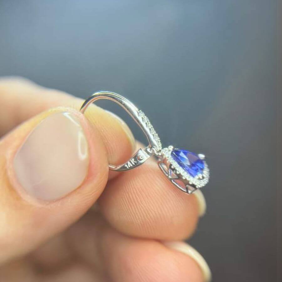 Trillion Cut Tanzanite & Diamond Halo Dangle Earrings