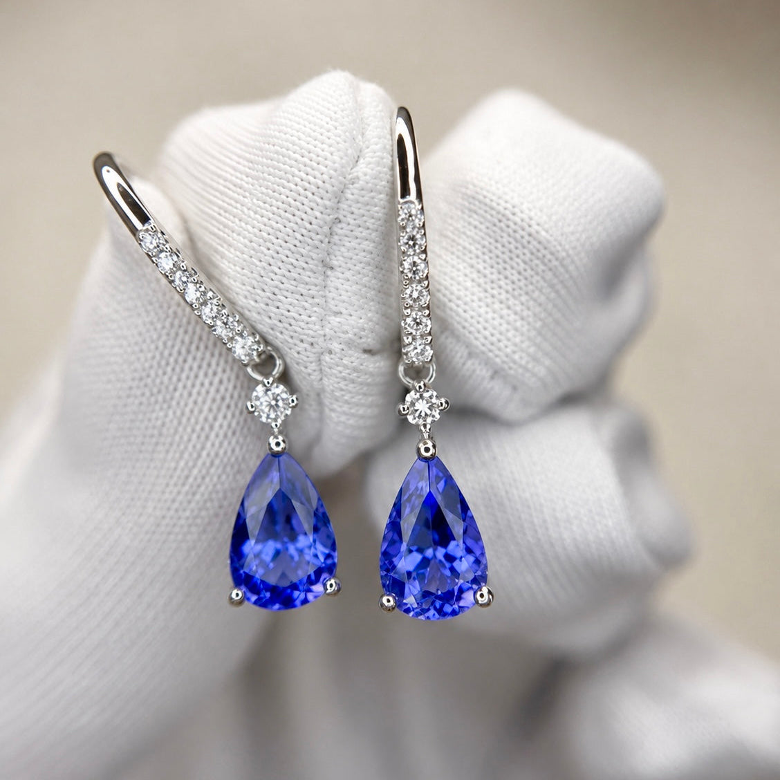 Pear-Shaped Tanzanite & Diamond Drop Earrings in White Gold