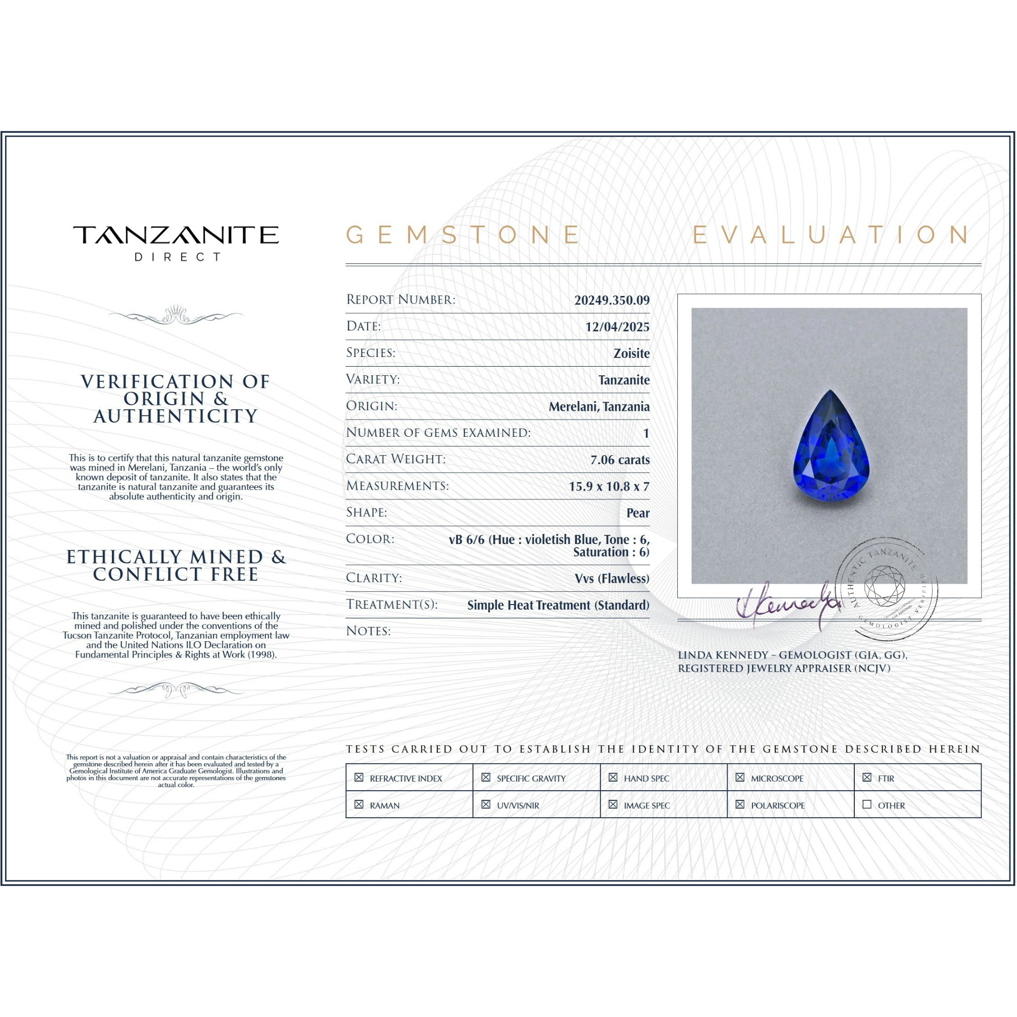 7.06 Carat Pear Cut Tanzanite Gemstone