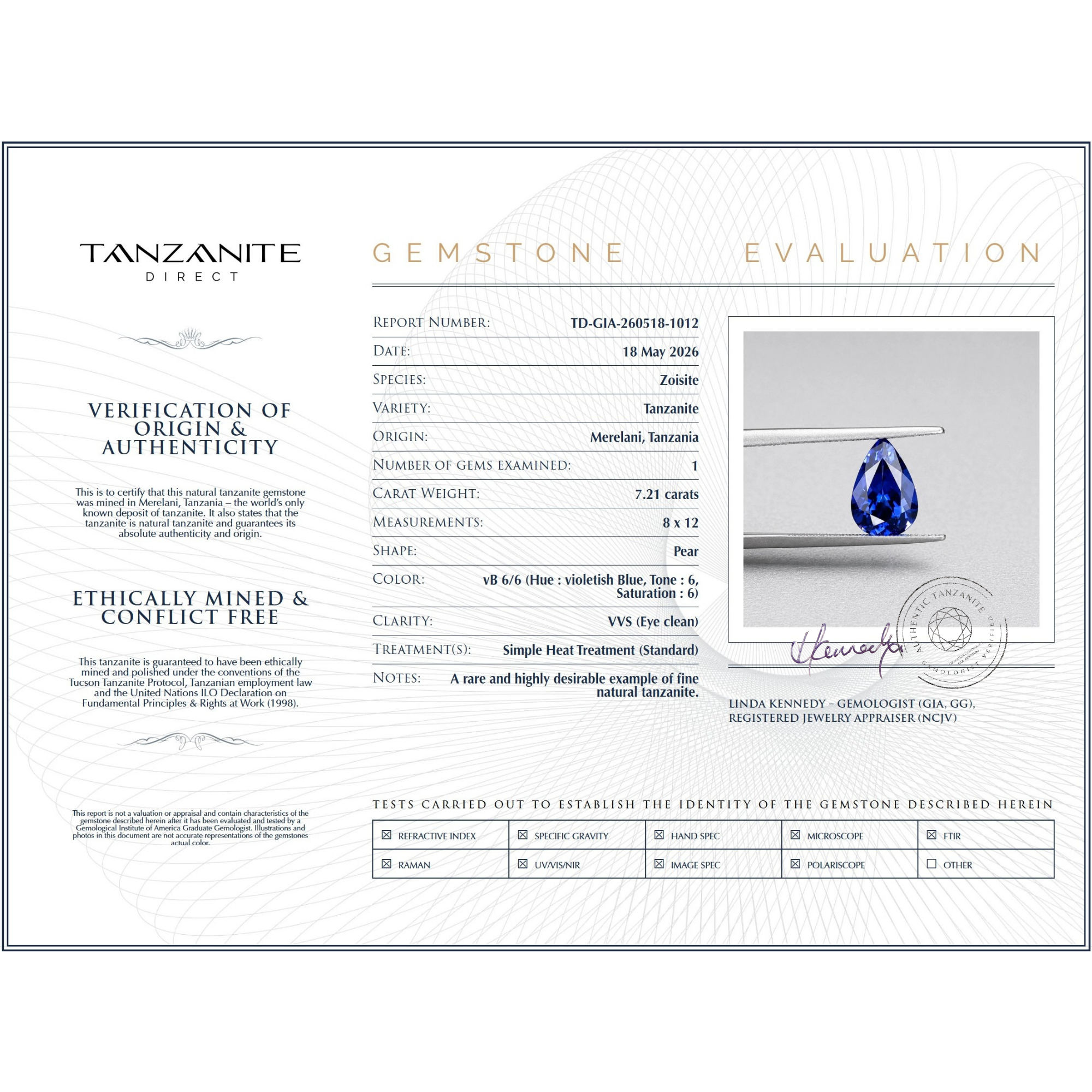 Emerald-cut tanzanite gemstone with vivid royal blue colour
