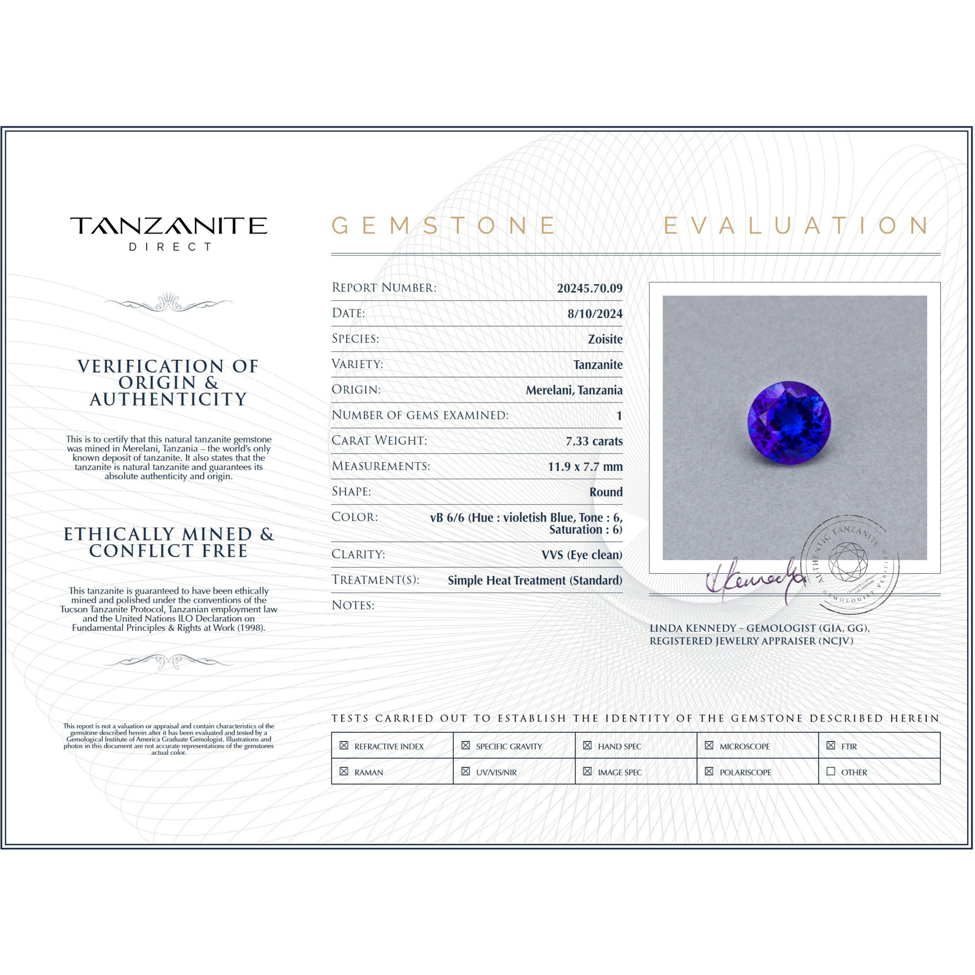 7.33 Karat runder Tansanit-Edelstein