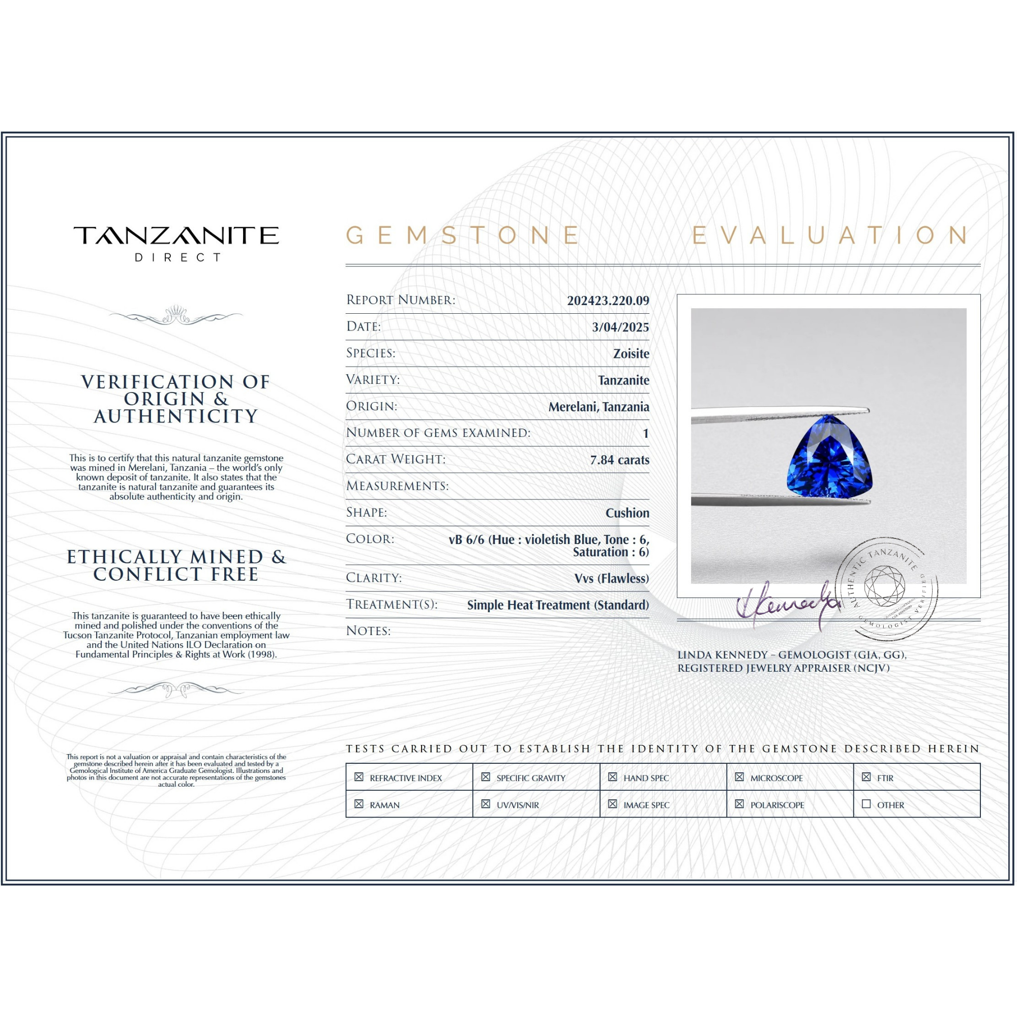 7,84 Karat Dreieck-Tansanit-Edelstein – GIA-zertifiziert