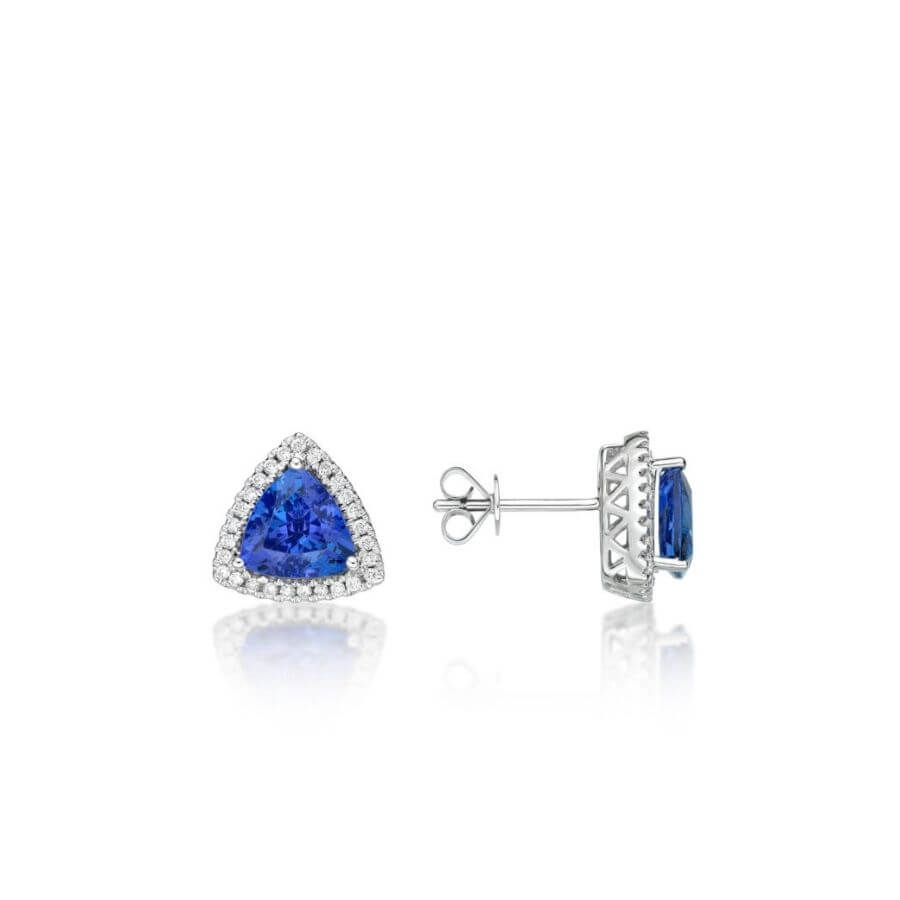 Trillion Cut Tanzanite & Diamond Halo Stud Earrings