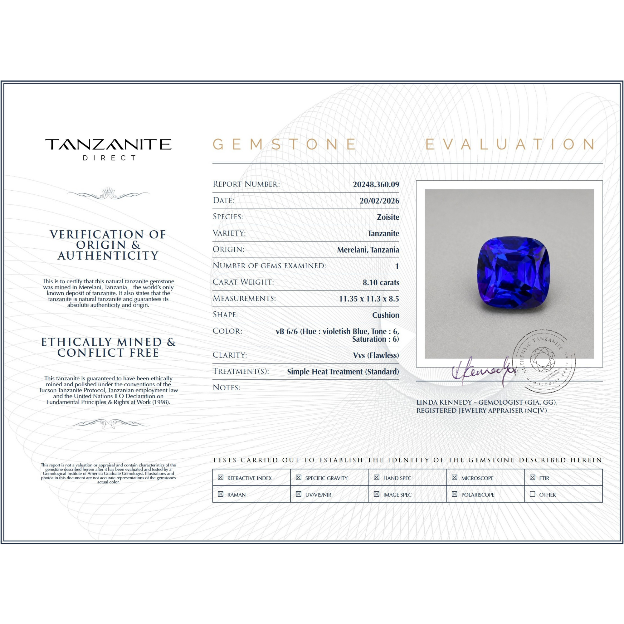 8.10 Carat Cushion Cut Tanzanite Gemstone