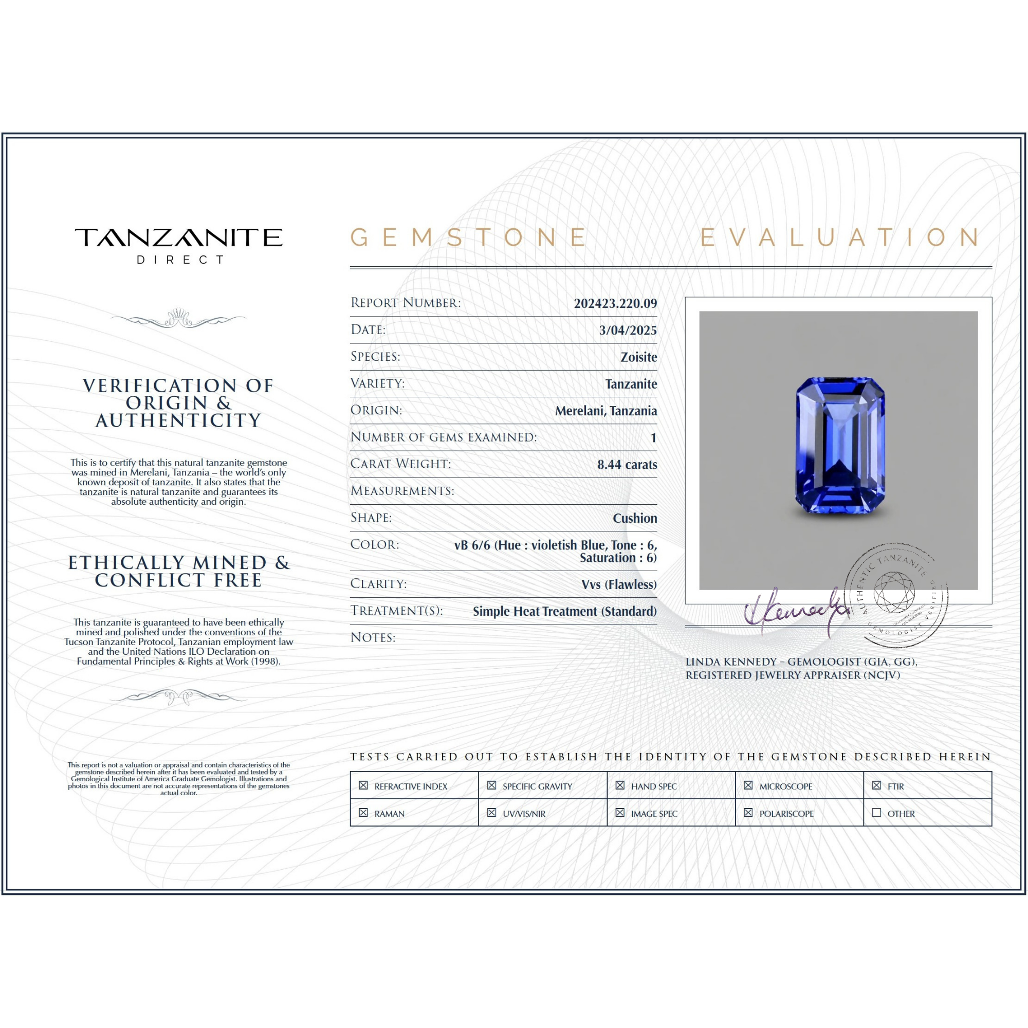 8,44 ct Tansanit im Emerald-Schliff – GIA-zertifiziert
