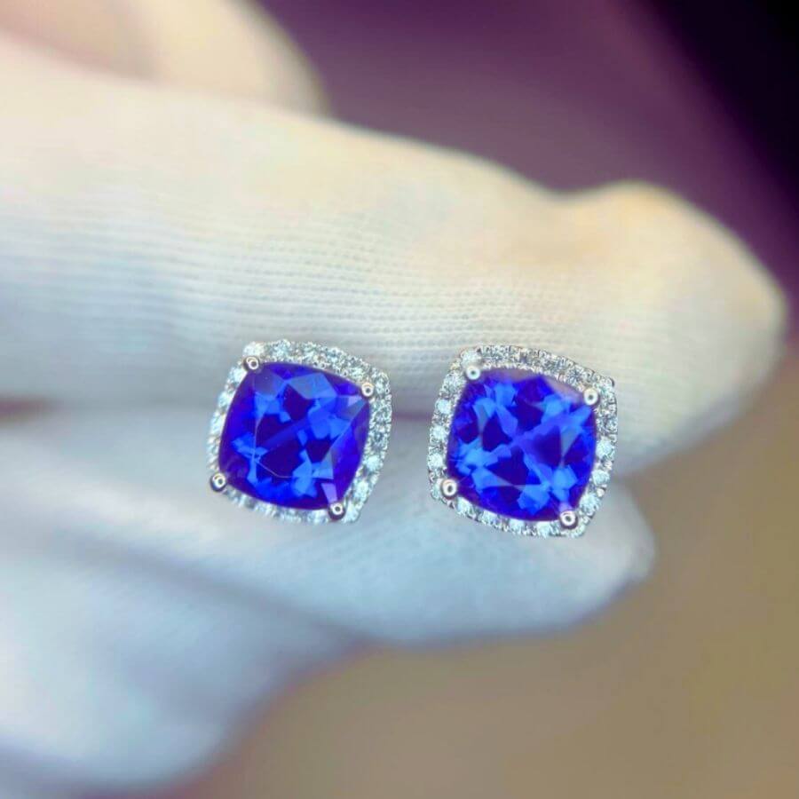 Exceptional 3.25 Ct Cushion Cut & Diamond Halo Tanzanite Earrings