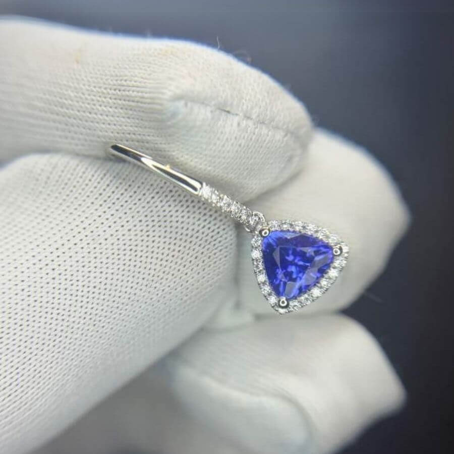Trillion Cut Tanzanite & Diamond Halo Dangle Earrings