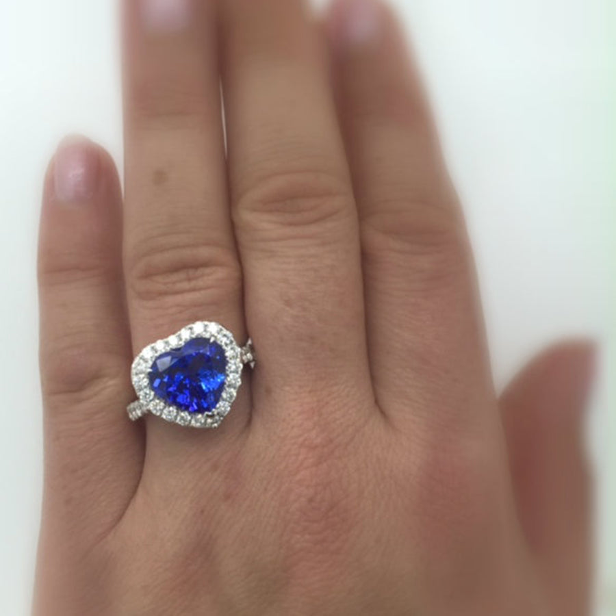 Exceptional 4.56 Ct Heart-Shaped Tanzanite Ring with Diamond Halo & Band