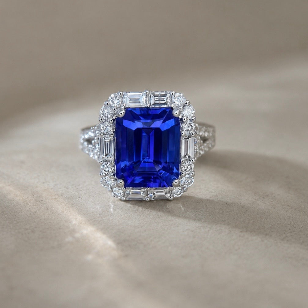 Emerald Cut Tanzanite & Baguette Diamond Ring - Made to Order