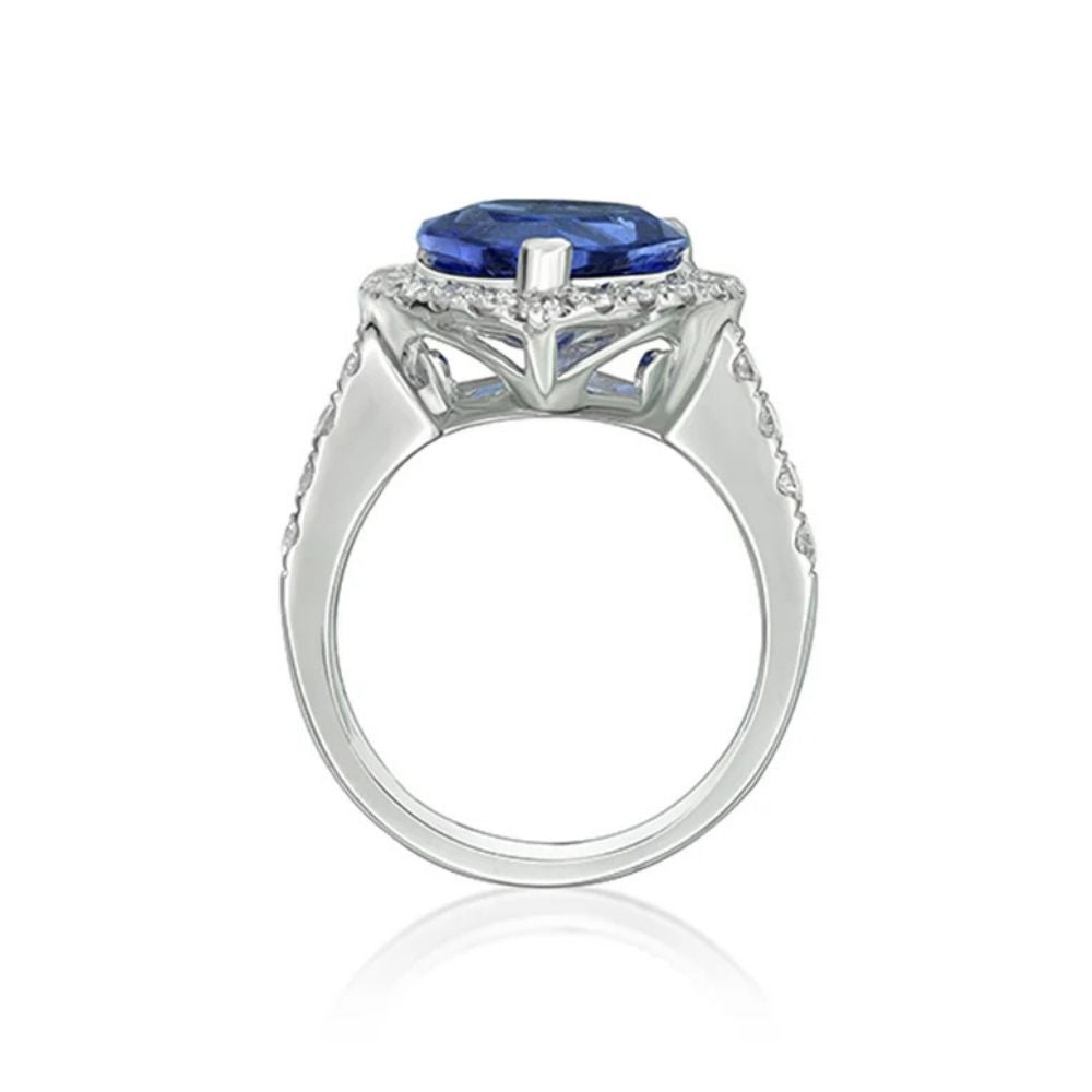 Exceptional 4.56 Ct Heart-Shaped Tanzanite Ring with Diamond Halo & Band