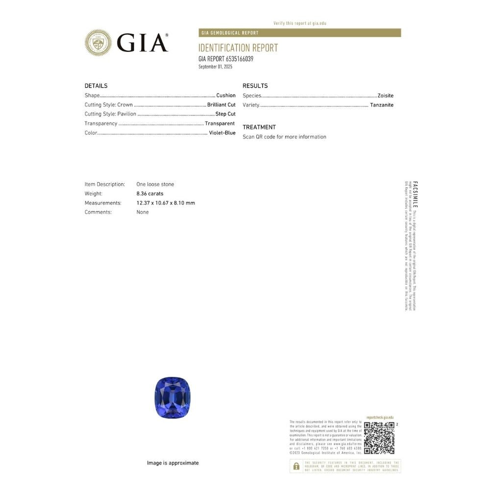 8.36 Carat Cushion Cut Tanzanite Gemstone