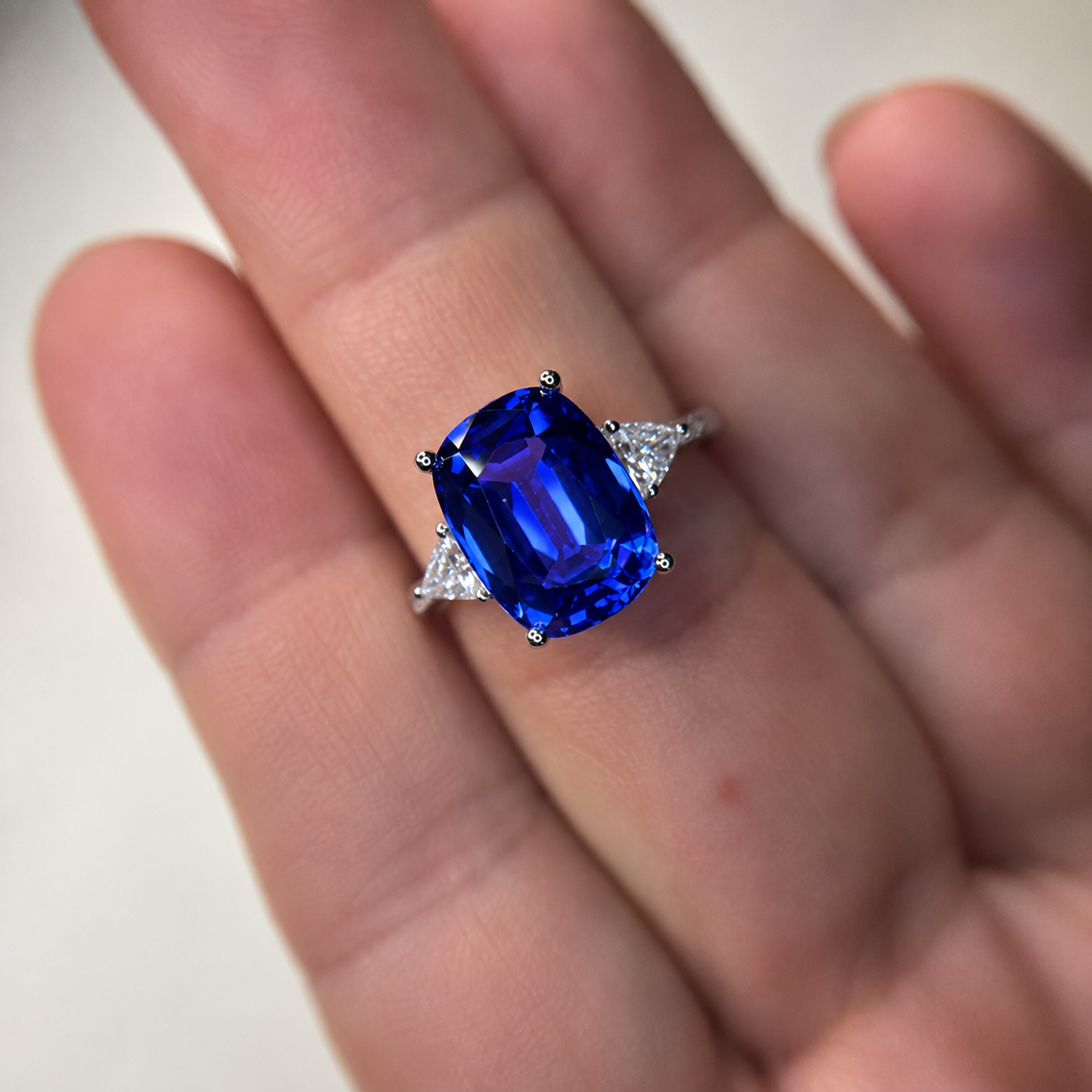 „Caroline“: Außergewöhnlicher Tansanit- und Diamantring mit 6,00 Karat Kissenschliff – Maßanfertigung