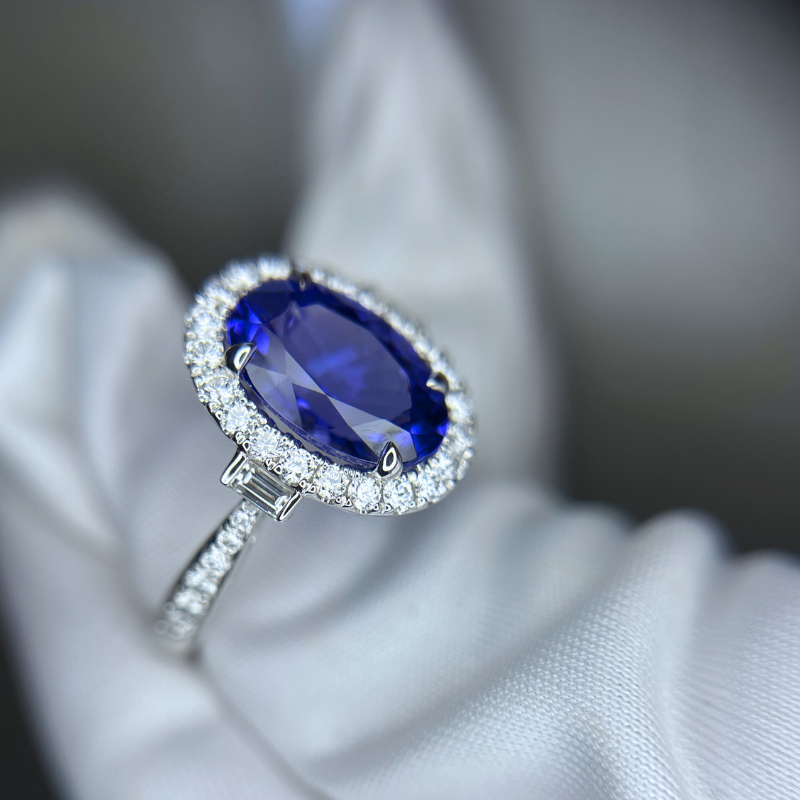 3.40 Ct Oval Tanzanite Ring with Baguette Diamonds & Halo