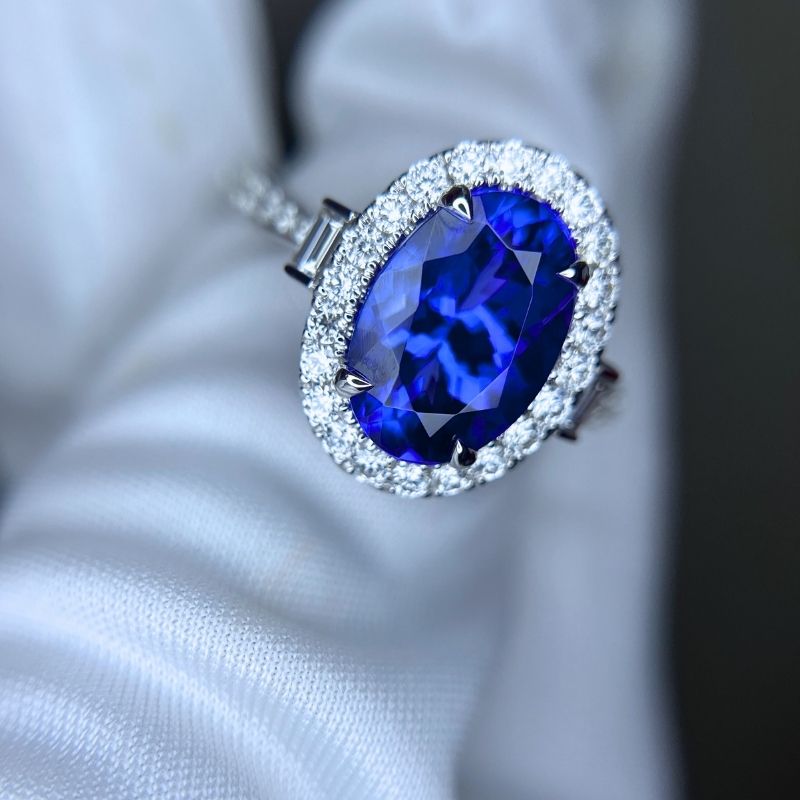 3.40 Ct Oval Tanzanite Ring with Baguette Diamonds & Halo