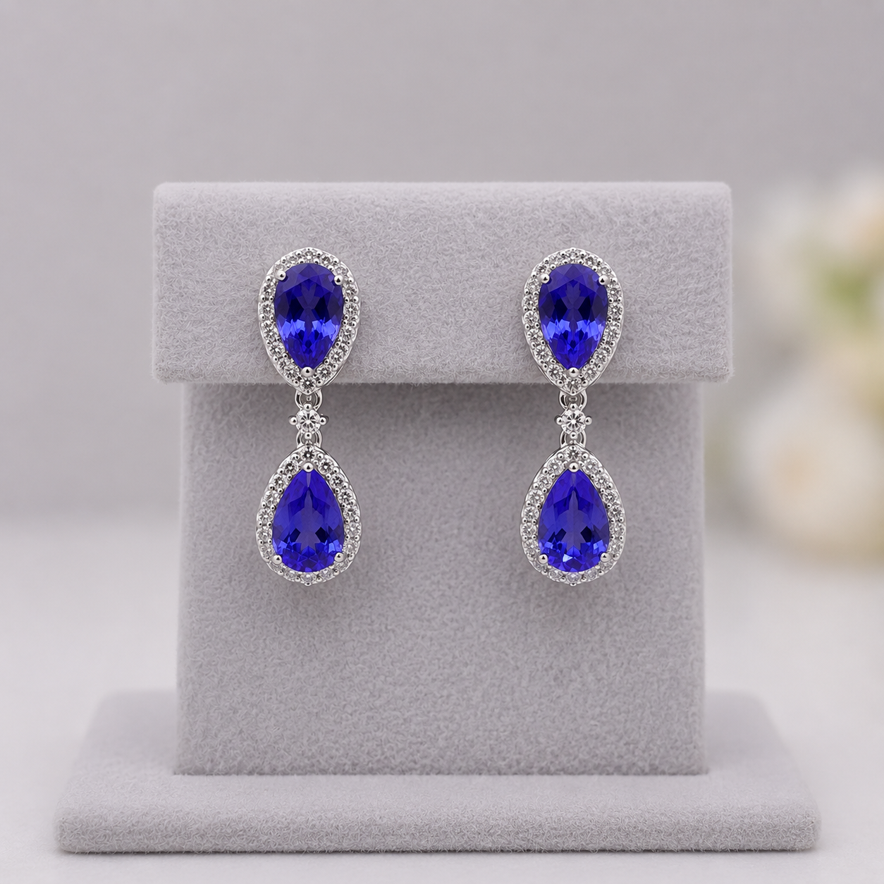 Double Pear-Shaped Tanzanite & Diamond Halo Earrings