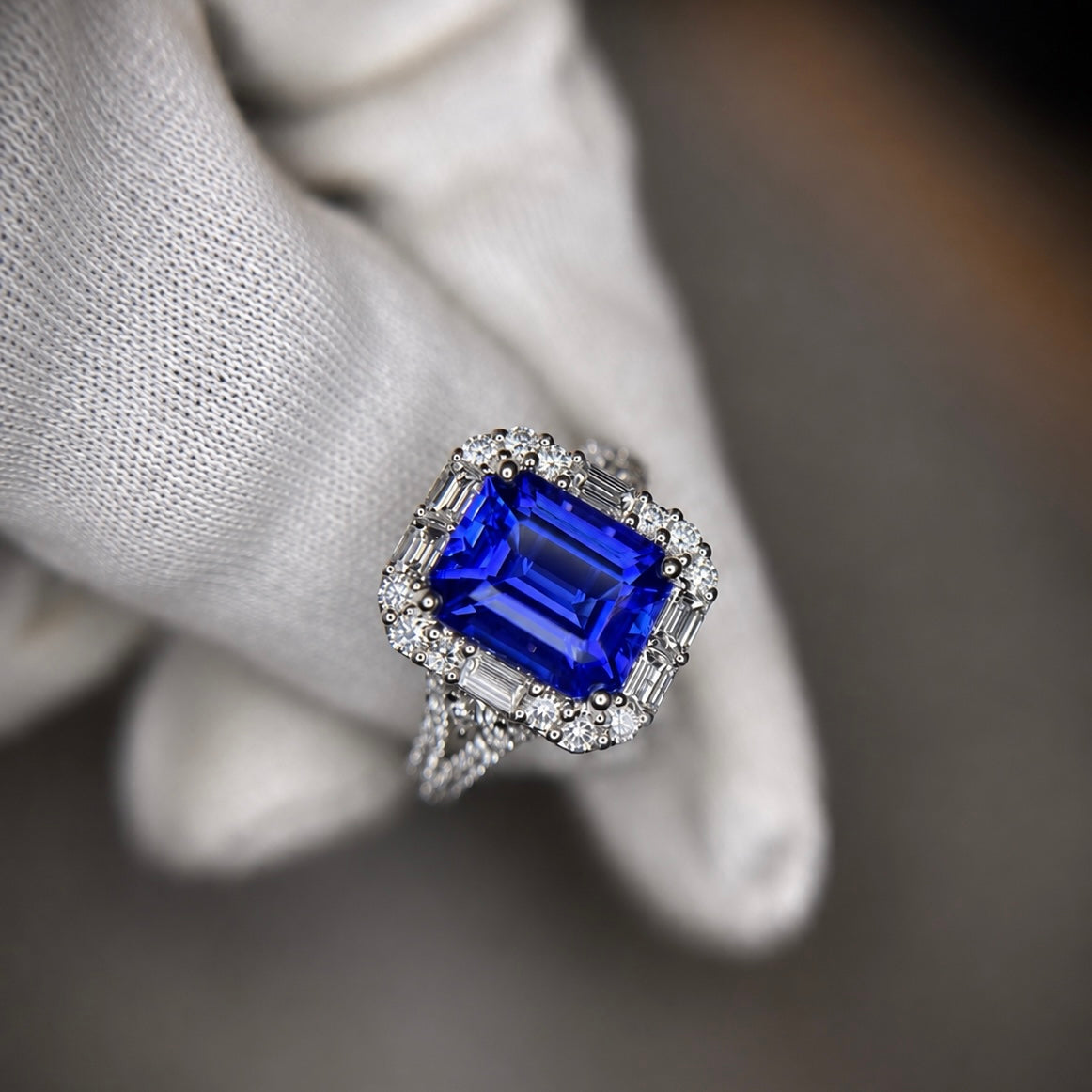 Emerald Cut Tanzanite & Baguette Diamond Ring - Made to Order