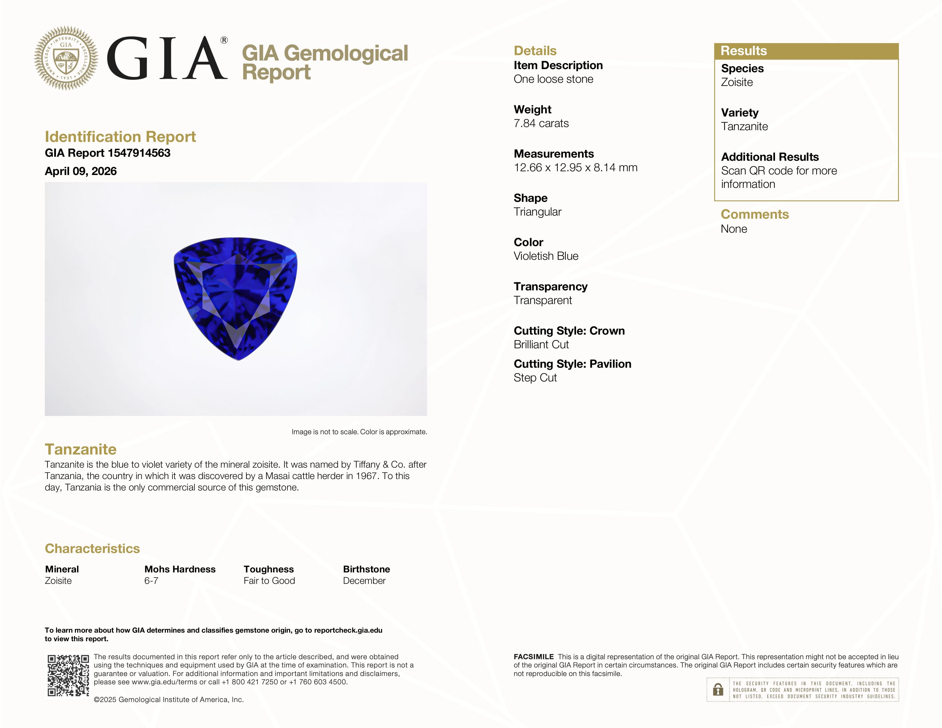 7.84 ct Trillion Tanzanite Gemstone – GIA Certified