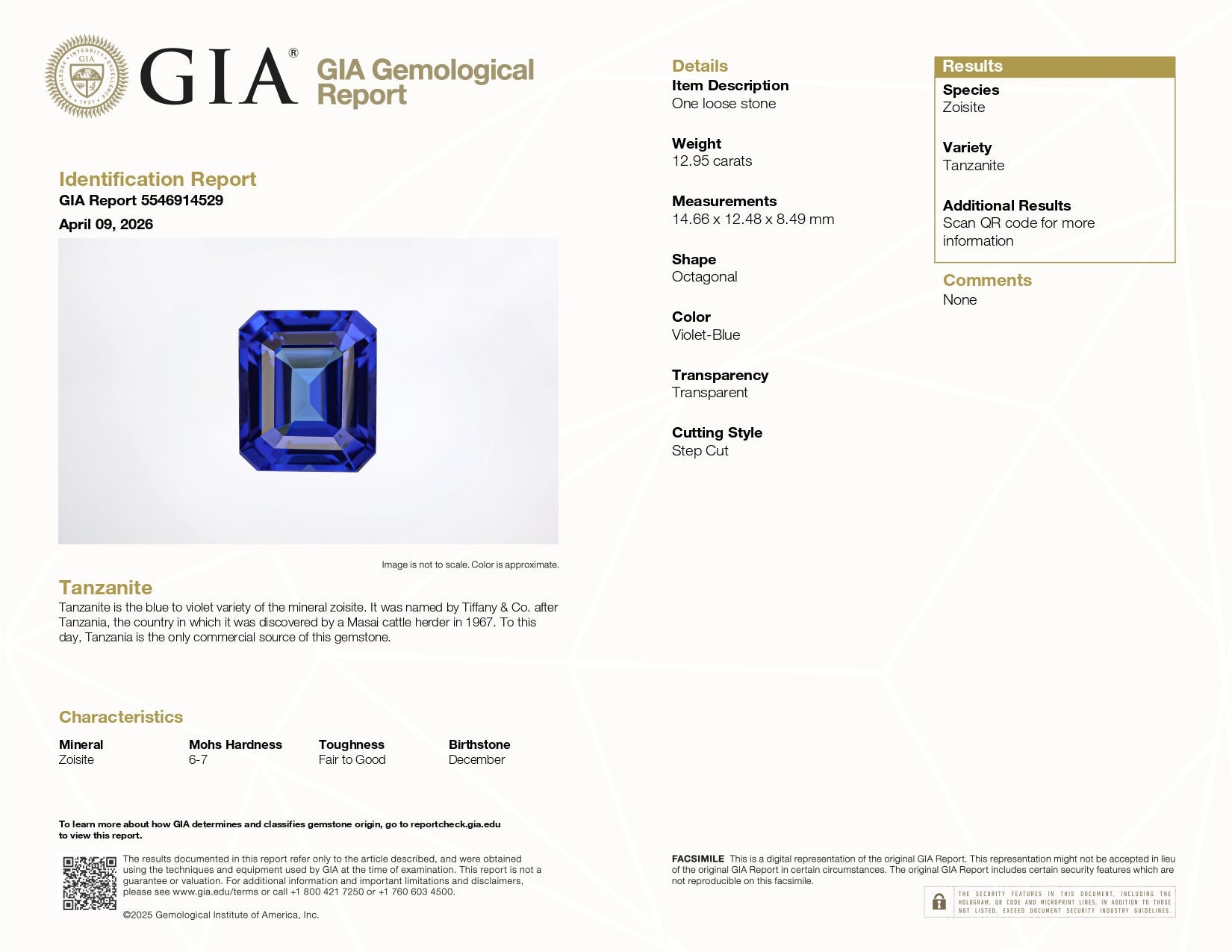 12.95 ct Emerald Cut Tanzanite Gemstone - GIA Certificate