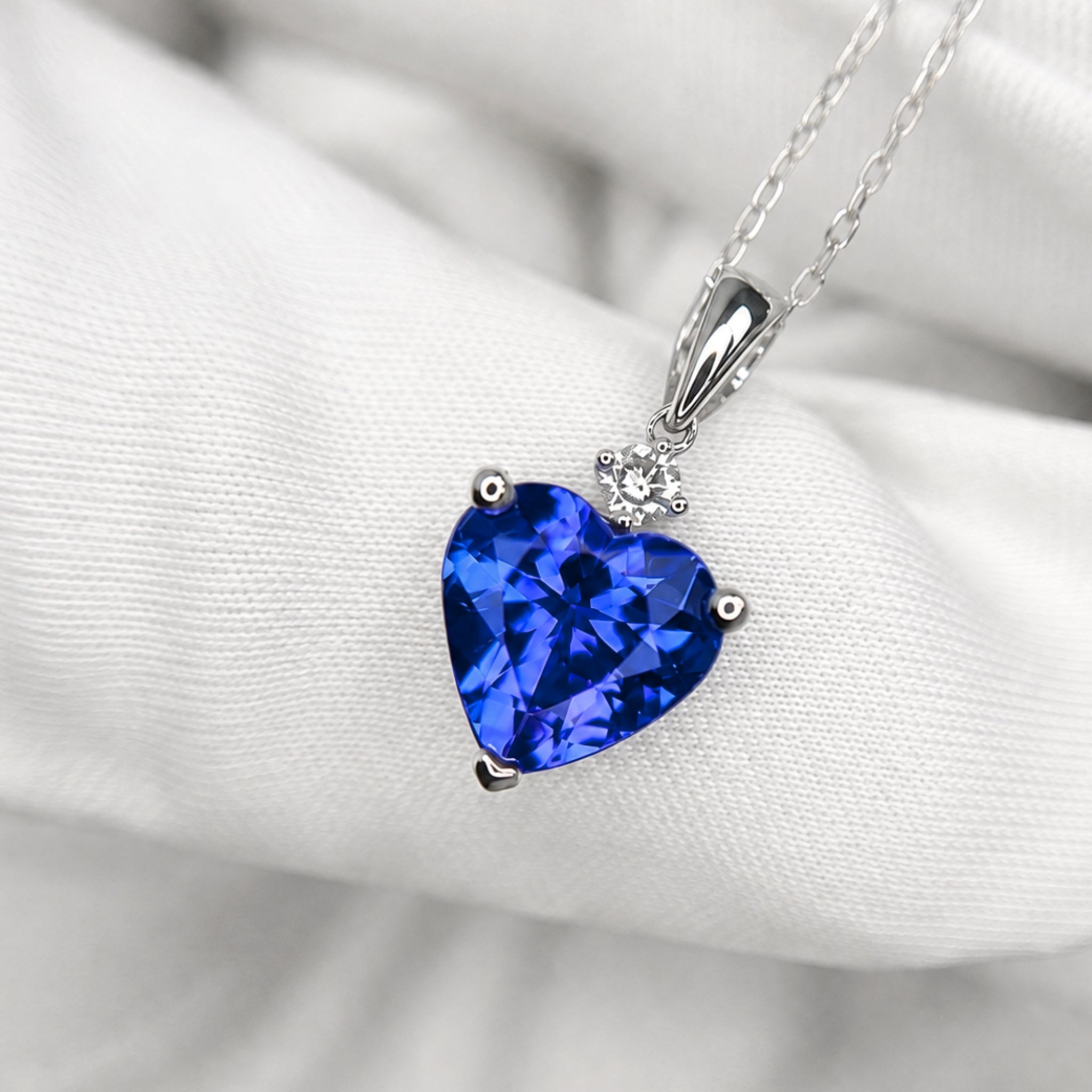 Deep Blue Heart-Shaped Tanzanite & Diamond Pendant Necklace