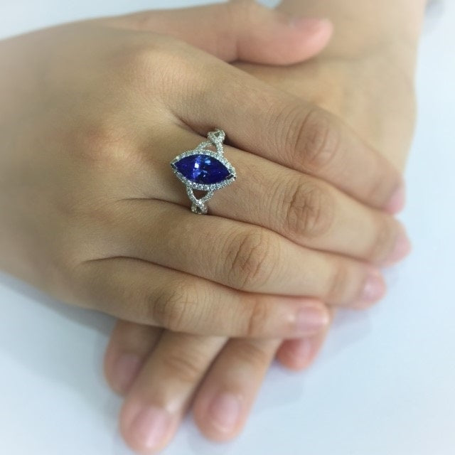 2.00 Ct Marquise Cut Tanzanite Twist Ring with Diamond Halo & Band