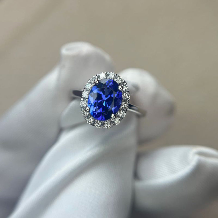 ”Kate” 2.20 Ct Oval Tanzanite & Diamond Halo Ring