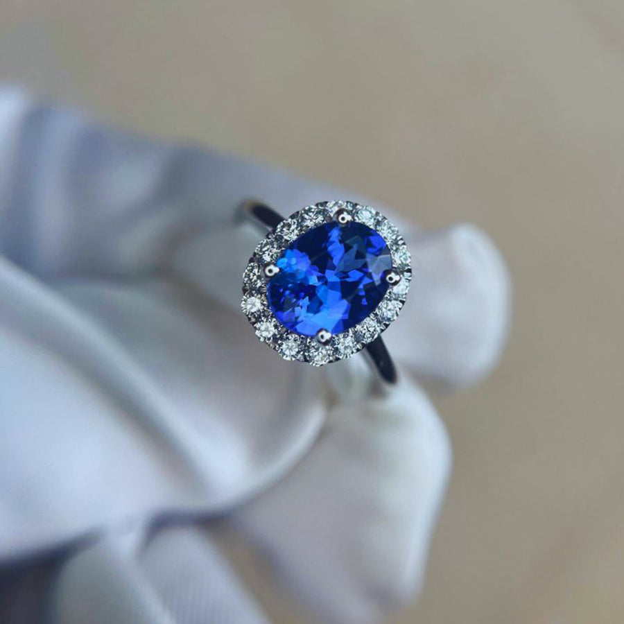”Kate” 2.20 Ct Oval Tanzanite & Diamond Halo Ring