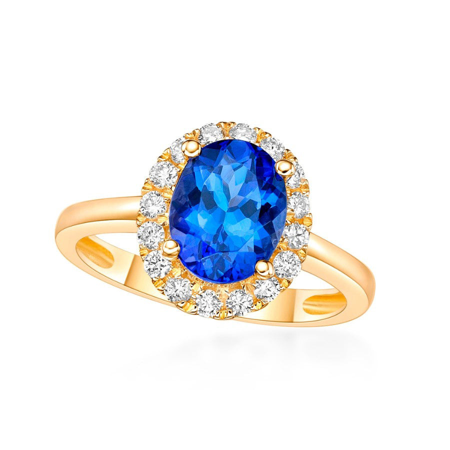 ”Kate” 2.33 Ct Oval Tanzanite & Diamond Halo Ring in Yellow Gold