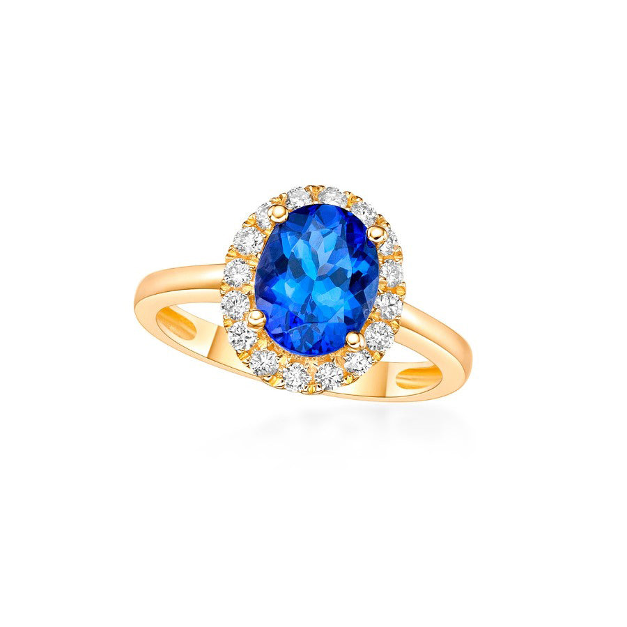 ”Kate” 2.33 Ct Oval Tanzanite & Diamond Halo Ring in Yellow Gold