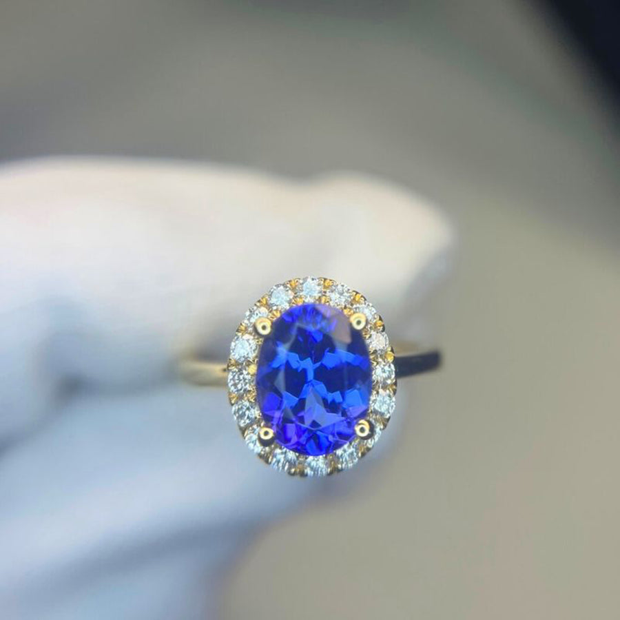 ”Kate” 2.33 Ct Oval Tanzanite & Diamond Halo Ring in Yellow Gold