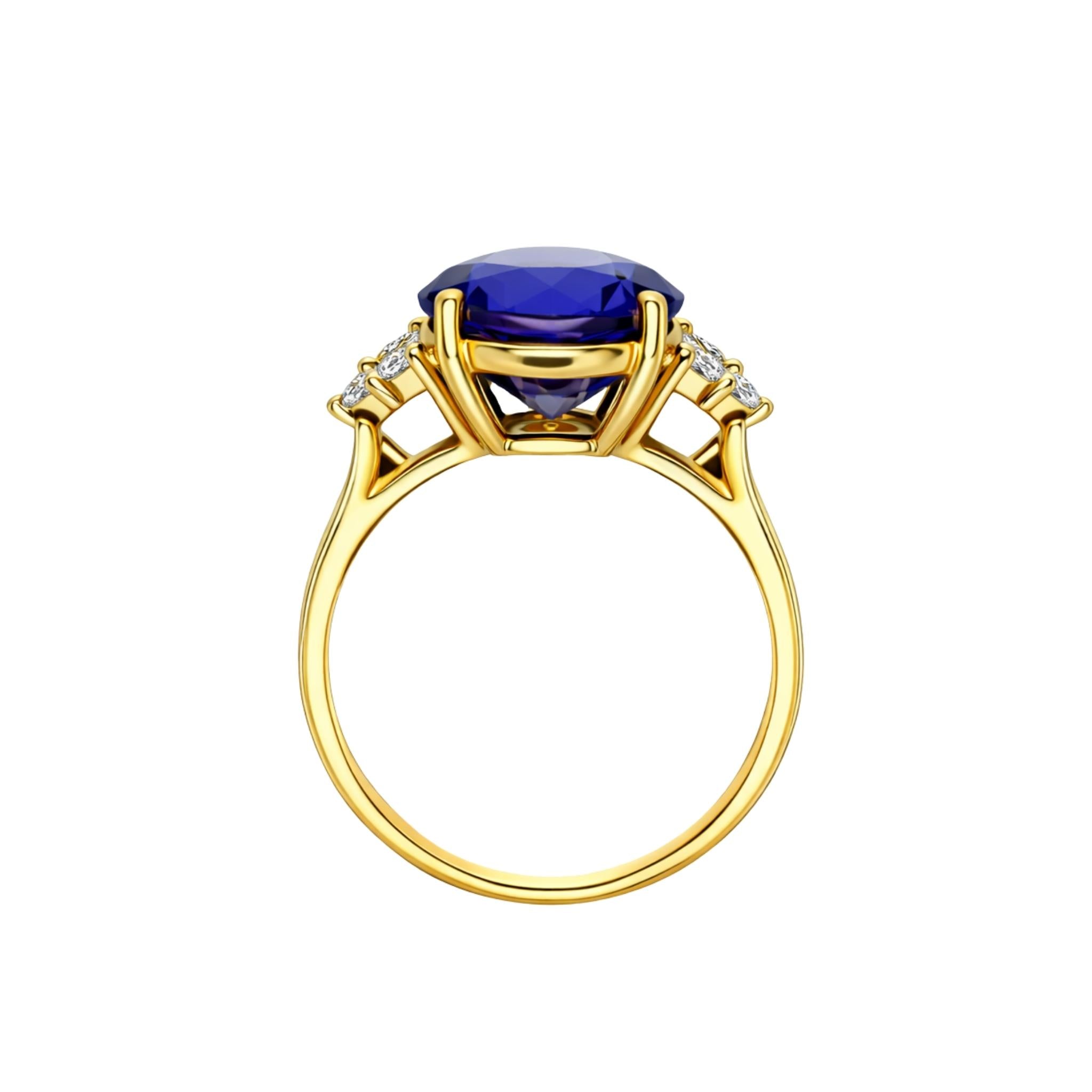 Runder Solitaire Tansanit Diamantring - 4.94 Cts - 18K Gelbgold