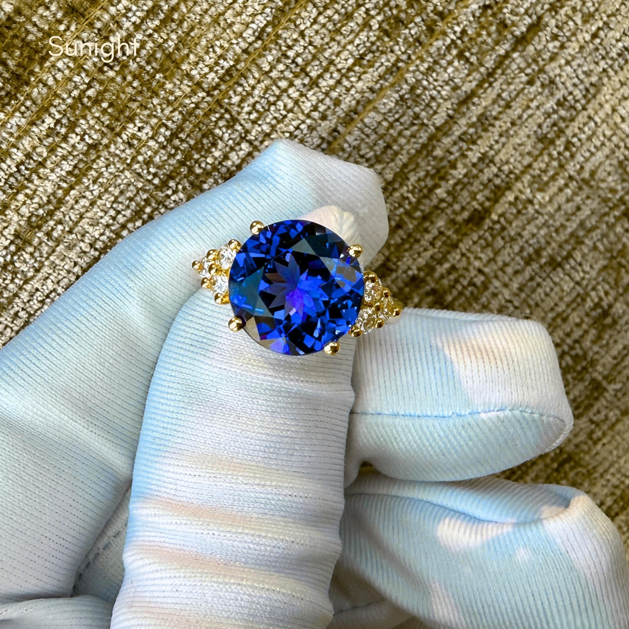 Runder Solitaire Tansanit Diamantring - 4.94 Cts - 18K Gelbgold