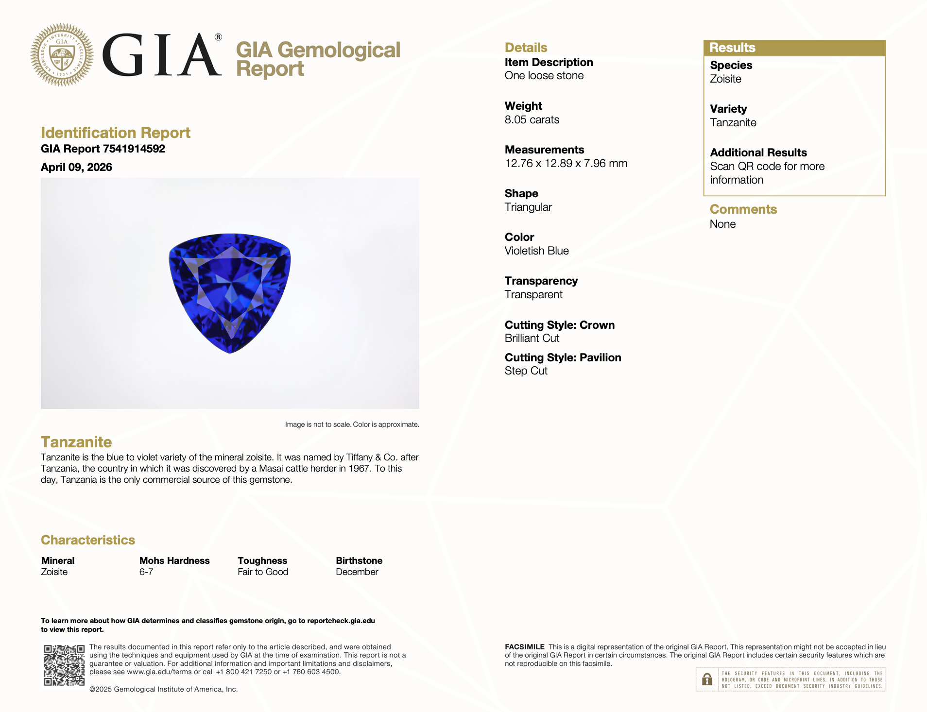 8.05 ct Trillion Cut Tanzanite Gemstone – GIA Certified