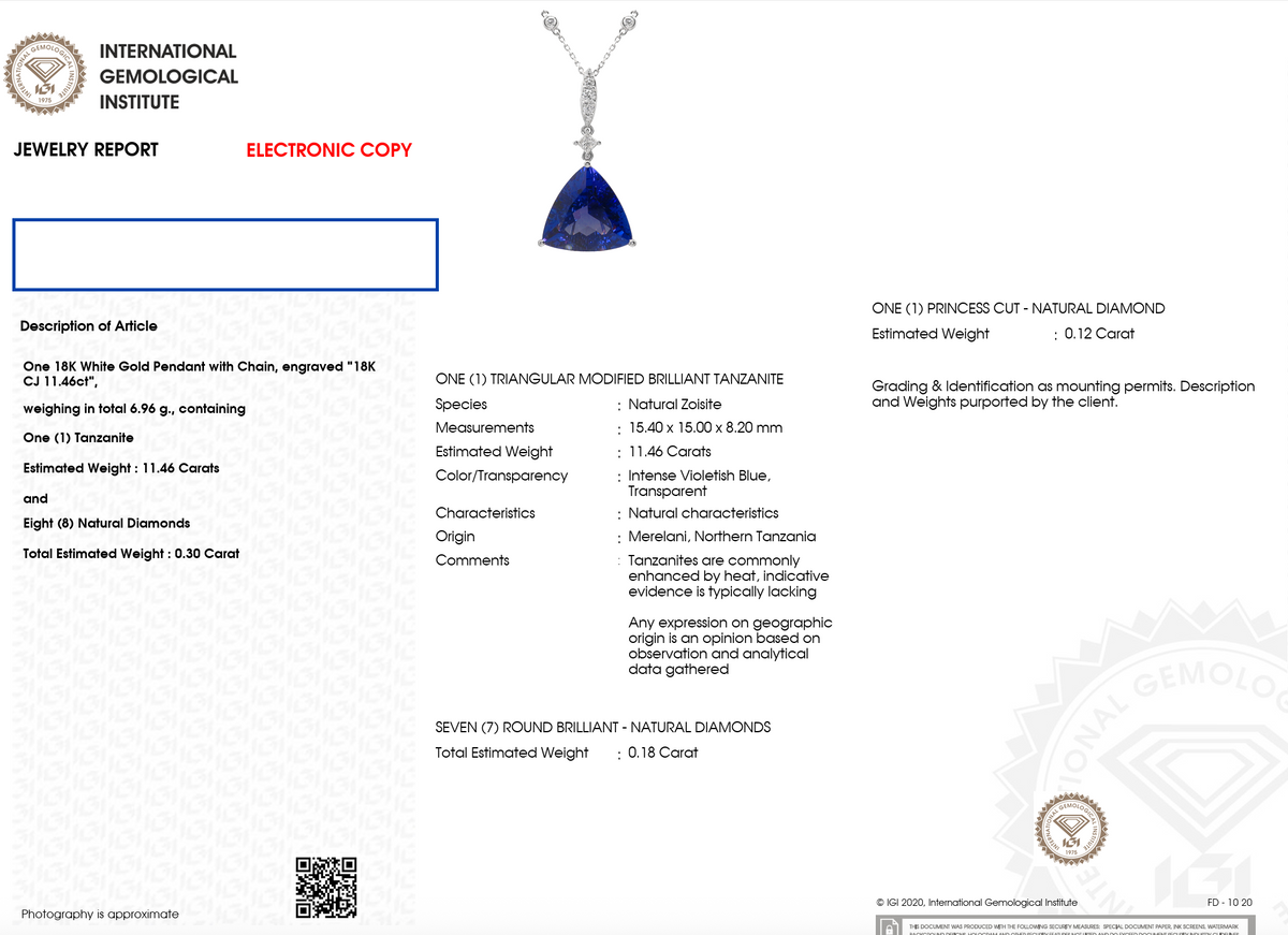 Ciondolo con tanzanite da 20,00 carati – Grado d'investimento – Su ordinazione