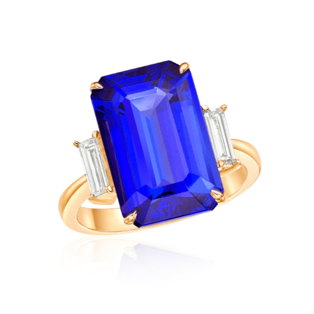 9 Carat Emerald Cut Tanzanite Ring with Baguette Diamonds