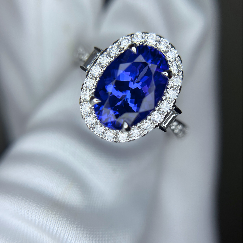 3.40 Ct Oval Tanzanite Ring with Baguette Diamonds & Halo