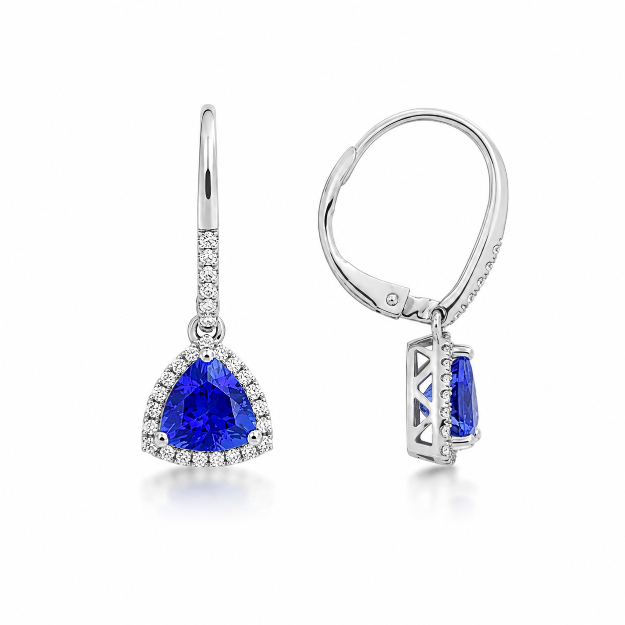 Trillion Cut Tanzanite & Diamond Halo Dangle Earrings - Made to Order