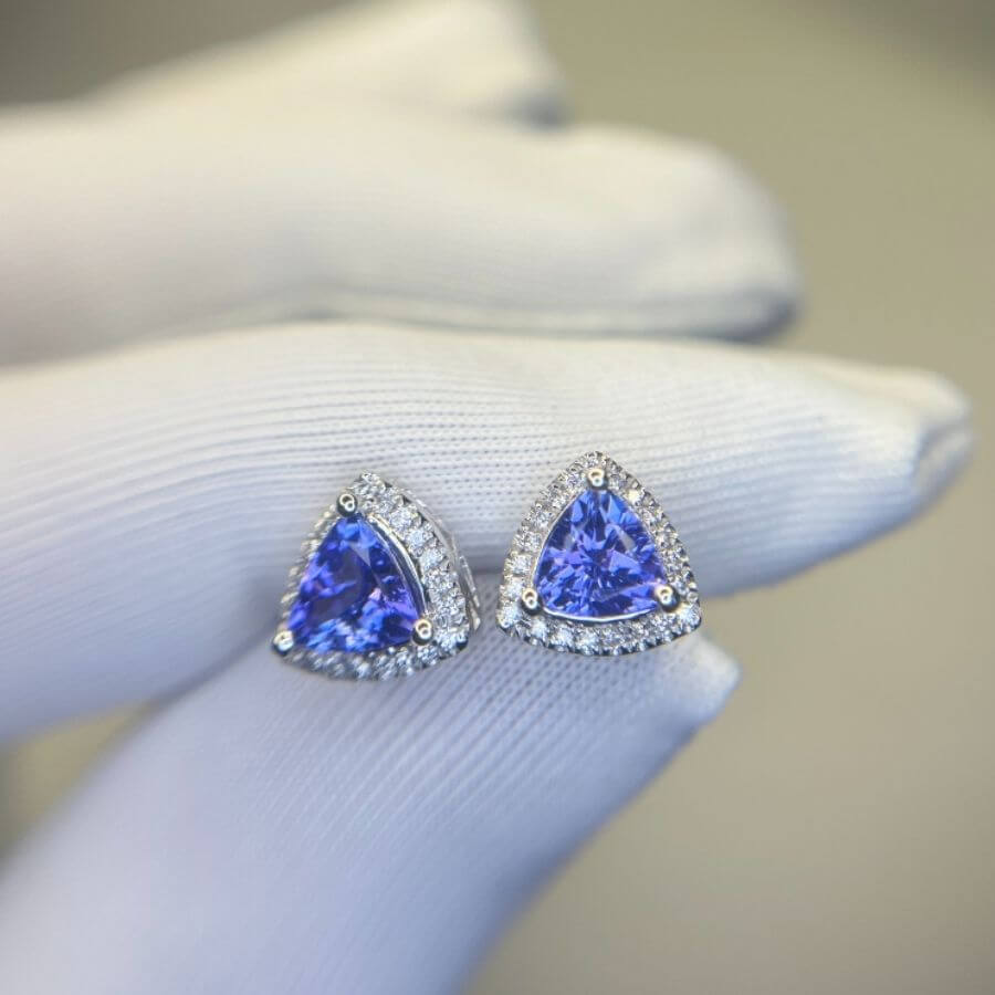 Trillion Cut Tanzanite & Diamond Stud Earrings in 14k White Gold